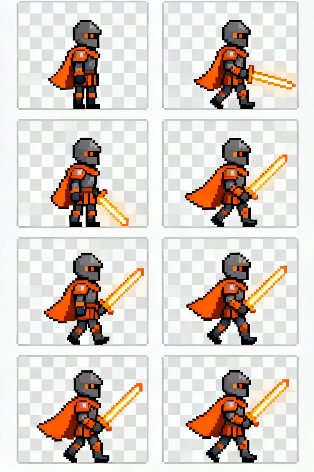 AI-generated ember knight walk cycle sprite sheet in a frame grid