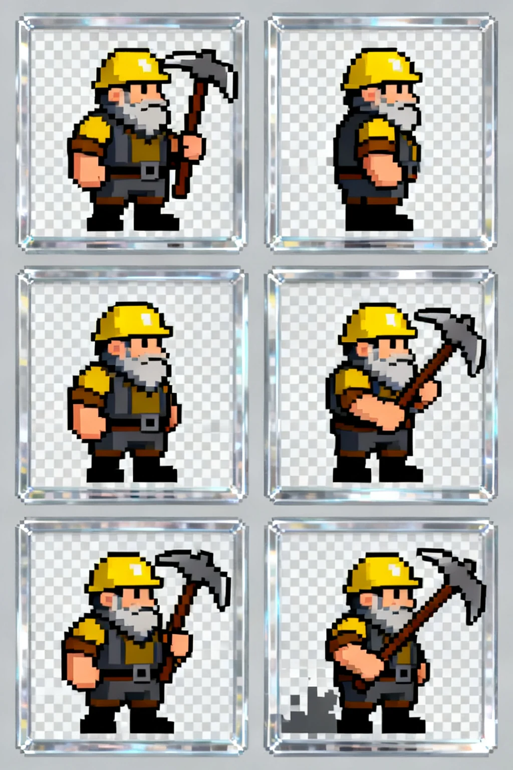 Sprite sheet of a dwarf miner swinging a tool.