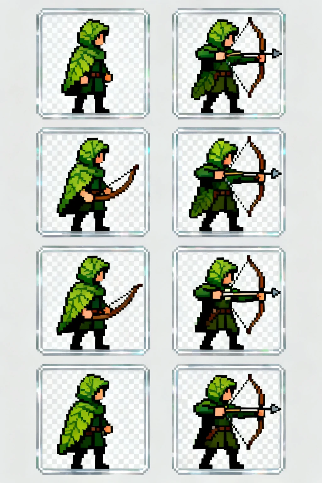 Pixel art sprite sheet of a forest archer attack sequence.