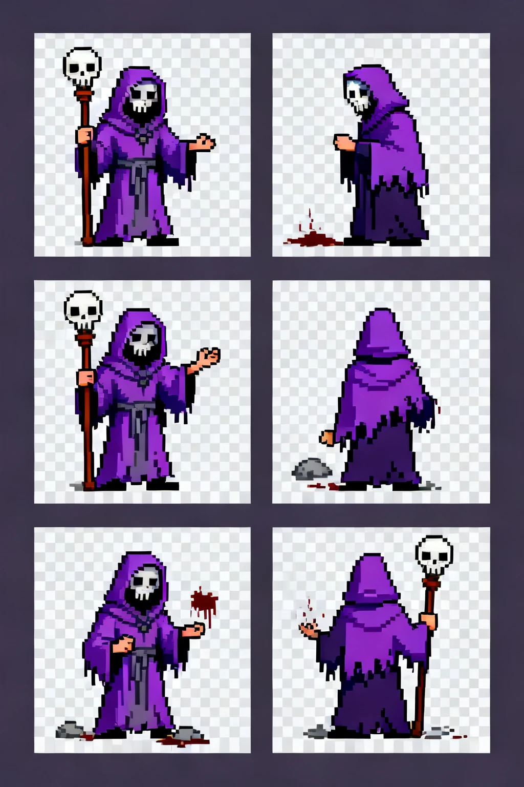 Sprite sheet of a necromancer hurt and death sequence.