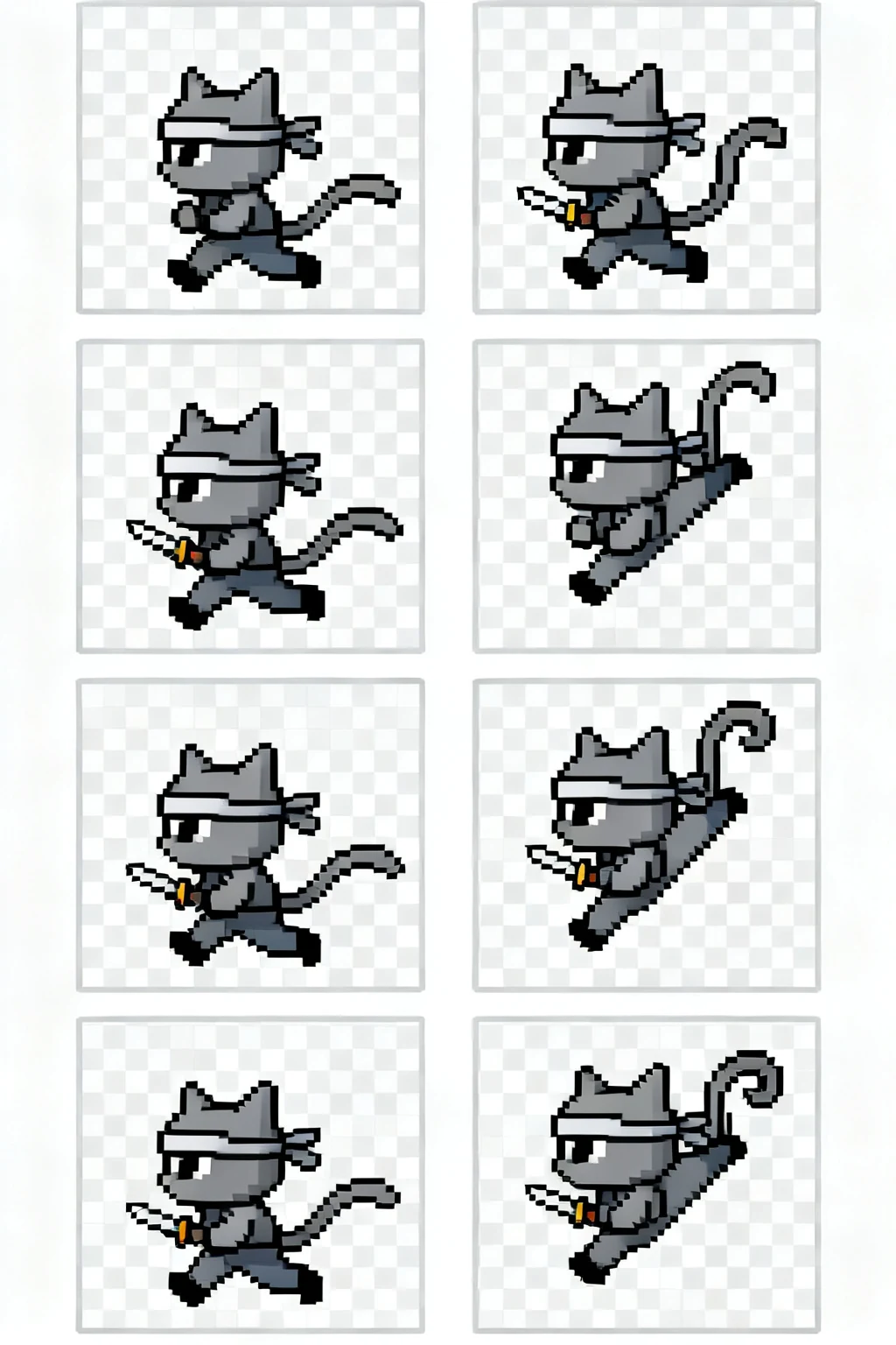 Sprite sheet of a ninja cat run and jump cycle.