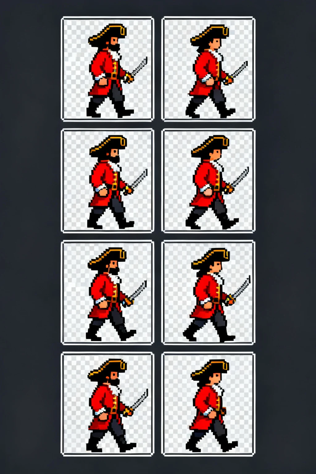 Sprite sheet of a pirate captain side view.
