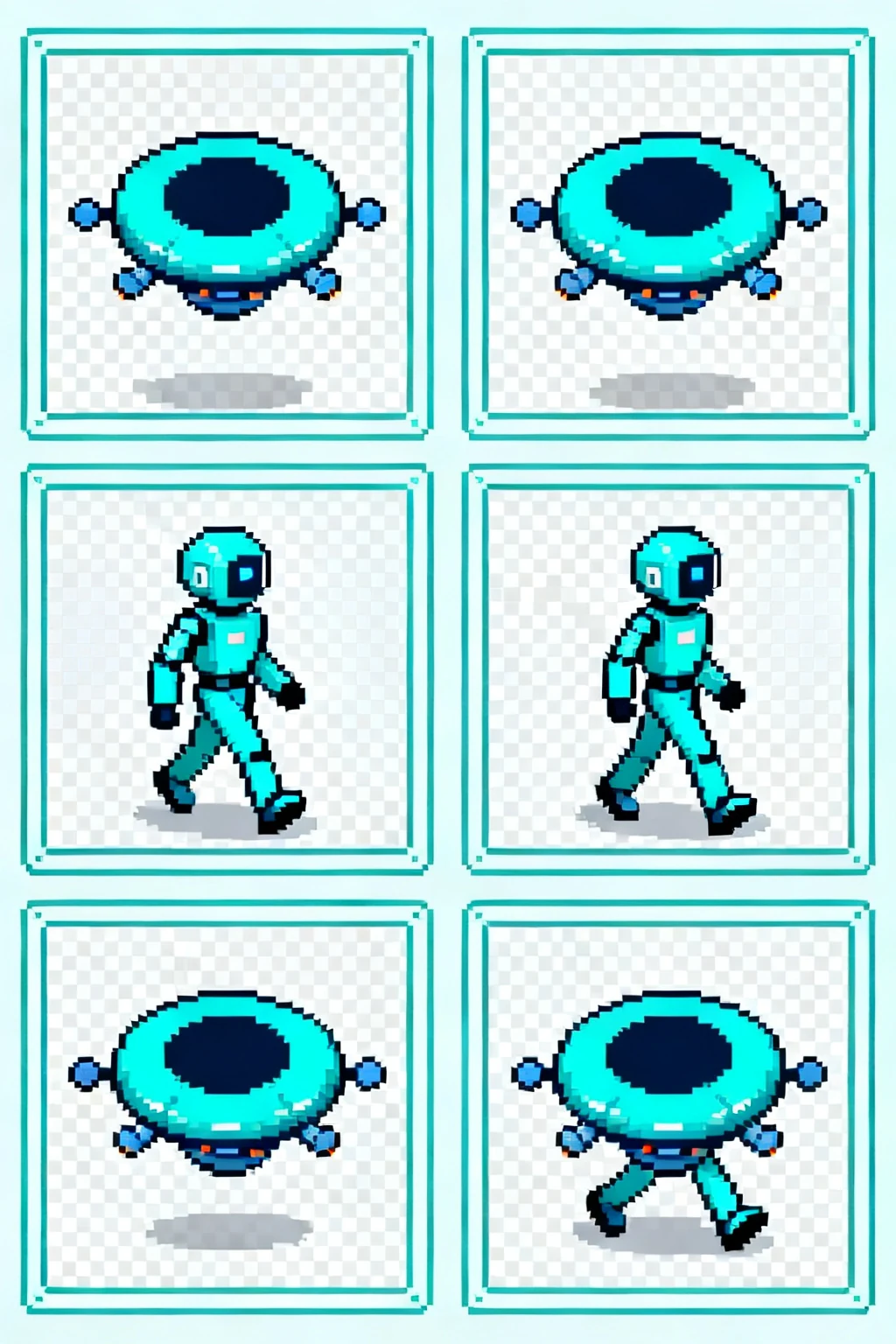 Top-down sprite sheet of a cyan robot drone.
