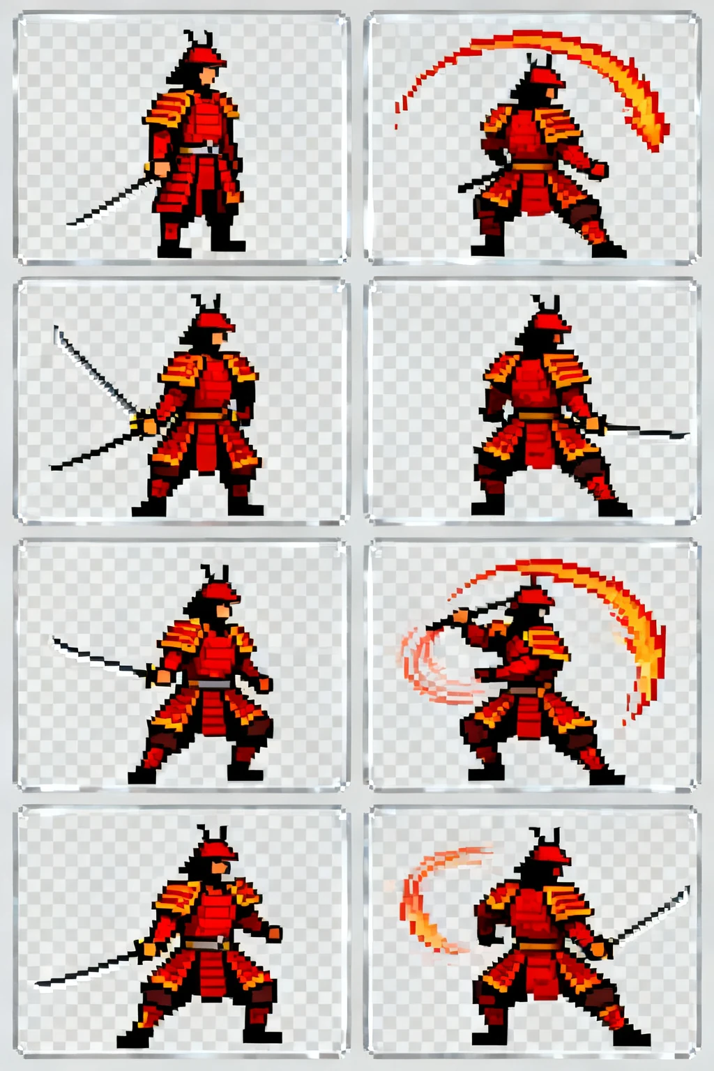 Sprite sheet of a samurai performing a fire slash.
